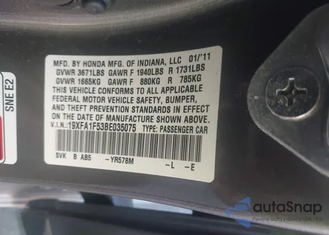 2011 Honda Civic Lx z USA, uszkodzony, nr VIN 19XFA1F53BE035075